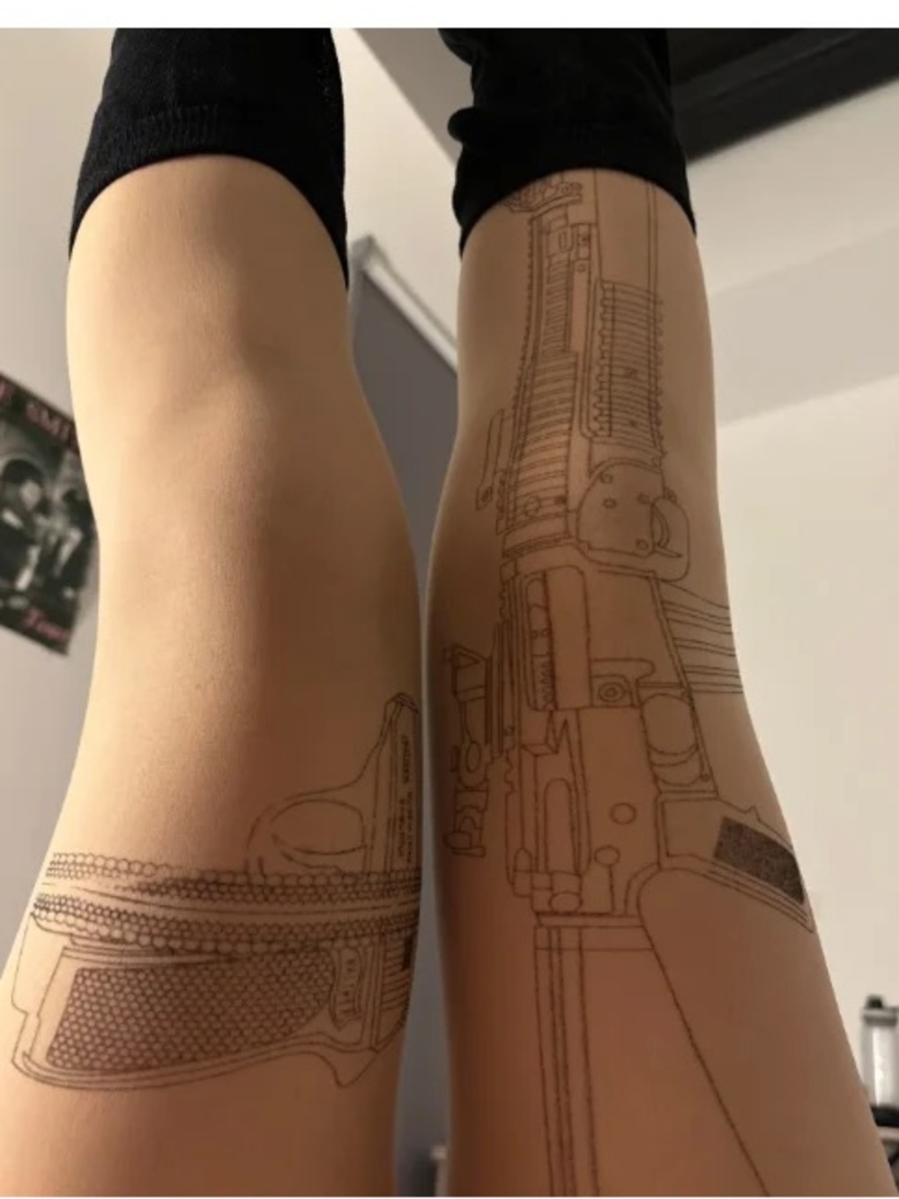 Sheer Nude Thigh-Highs with Hand Gun & Rifle Graphic Print tattoo